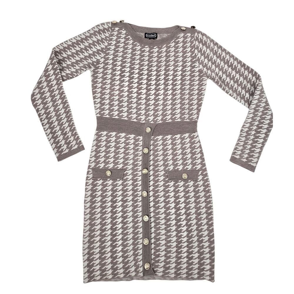 Houndstooth Cashmere Wool Blend Dress Old Money Bodycon Long Sleeve Womens Small